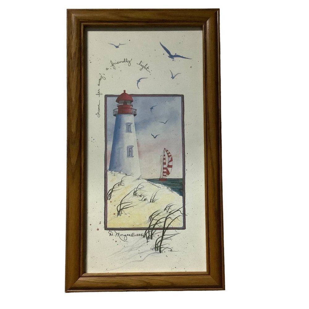 Vtg D. Morgan "From far away, a Friendly Light" 1994 Lighthouse Print 8.5"x15.5"